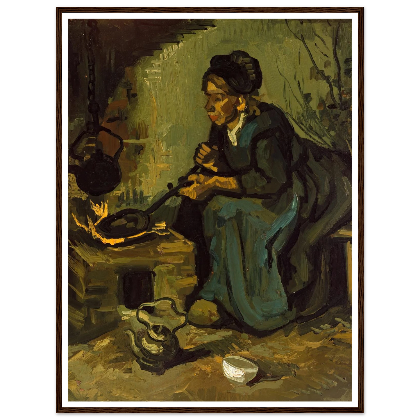 Peasant Woman Cooking by a Fireplace (1885) Art Print | Vincent van Gogh - Framed Poster - 30x40 cm / 12x16″ - Black frame