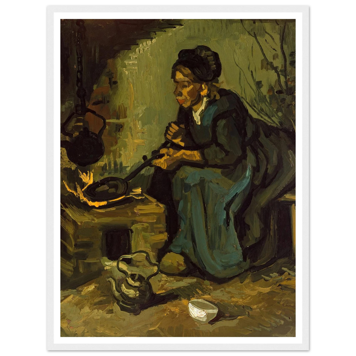 Peasant Woman Cooking by a Fireplace (1885) Art Print | Vincent van Gogh - Framed Poster - 30x40 cm / 12x16″ - Black frame