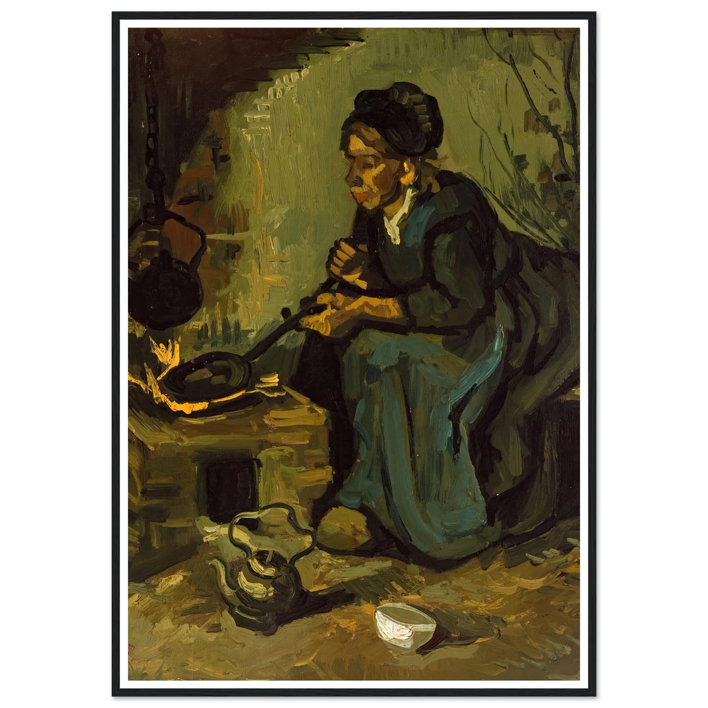 Peasant Woman Cooking by a Fireplace (1885) Art Print | Vincent van Gogh - Framed Poster - 30x40 cm / 12x16″ - Black frame