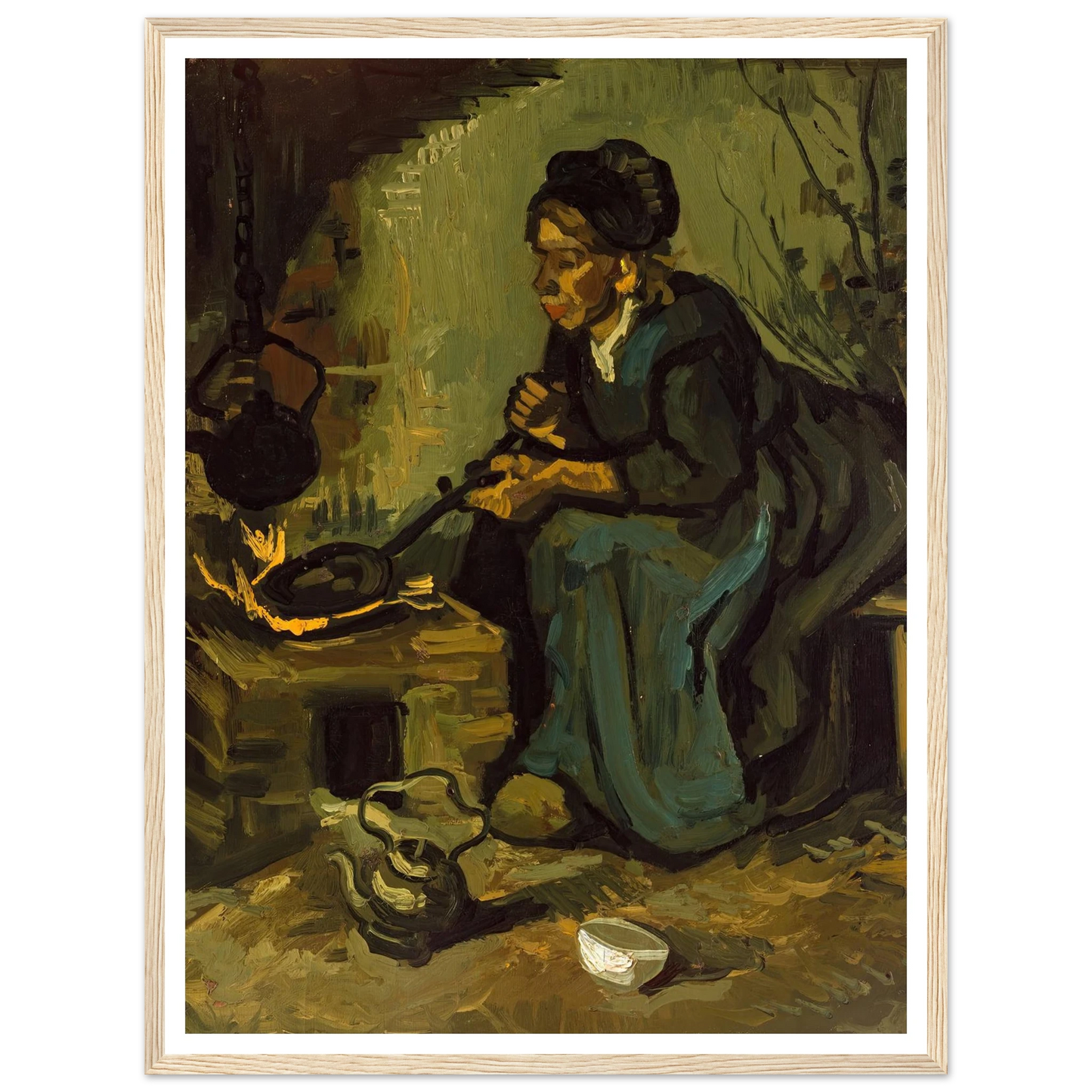 Peasant Woman Cooking by a Fireplace (1885) Art Print | Vincent van Gogh - Framed Poster - 30x40 cm / 12x16″ - Black frame