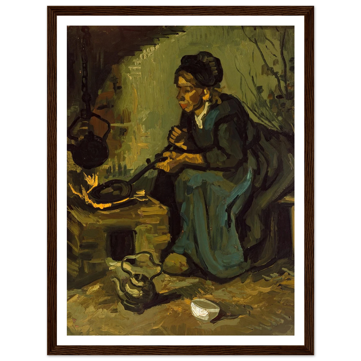 Peasant Woman Cooking by a Fireplace (1885) Art Print | Vincent van Gogh - Framed Poster - 30x40 cm / 12x16″ - Black frame