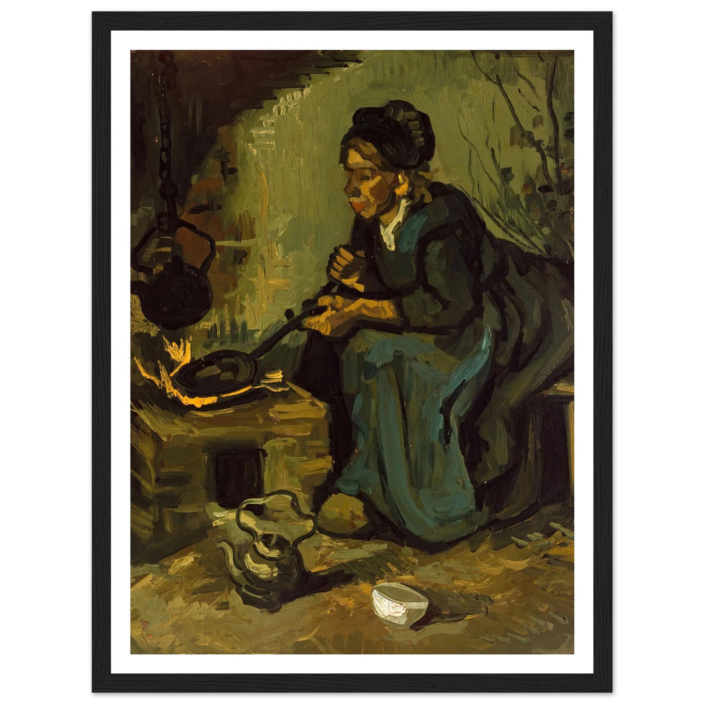 Peasant Woman Cooking by a Fireplace (1885) Art Print | Vincent van Gogh - Framed Poster - 30x40 cm / 12x16″ - Black frame