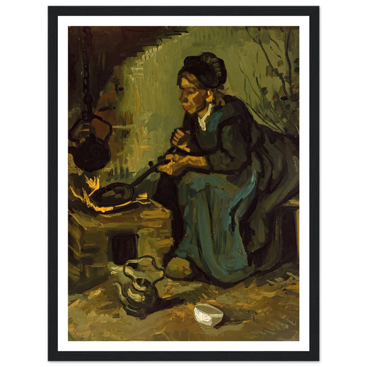 Peasant Woman Cooking by a Fireplace (1885) Art Print | Vincent van Gogh - Framed Poster - 30x40 cm / 12x16″ - Black frame
