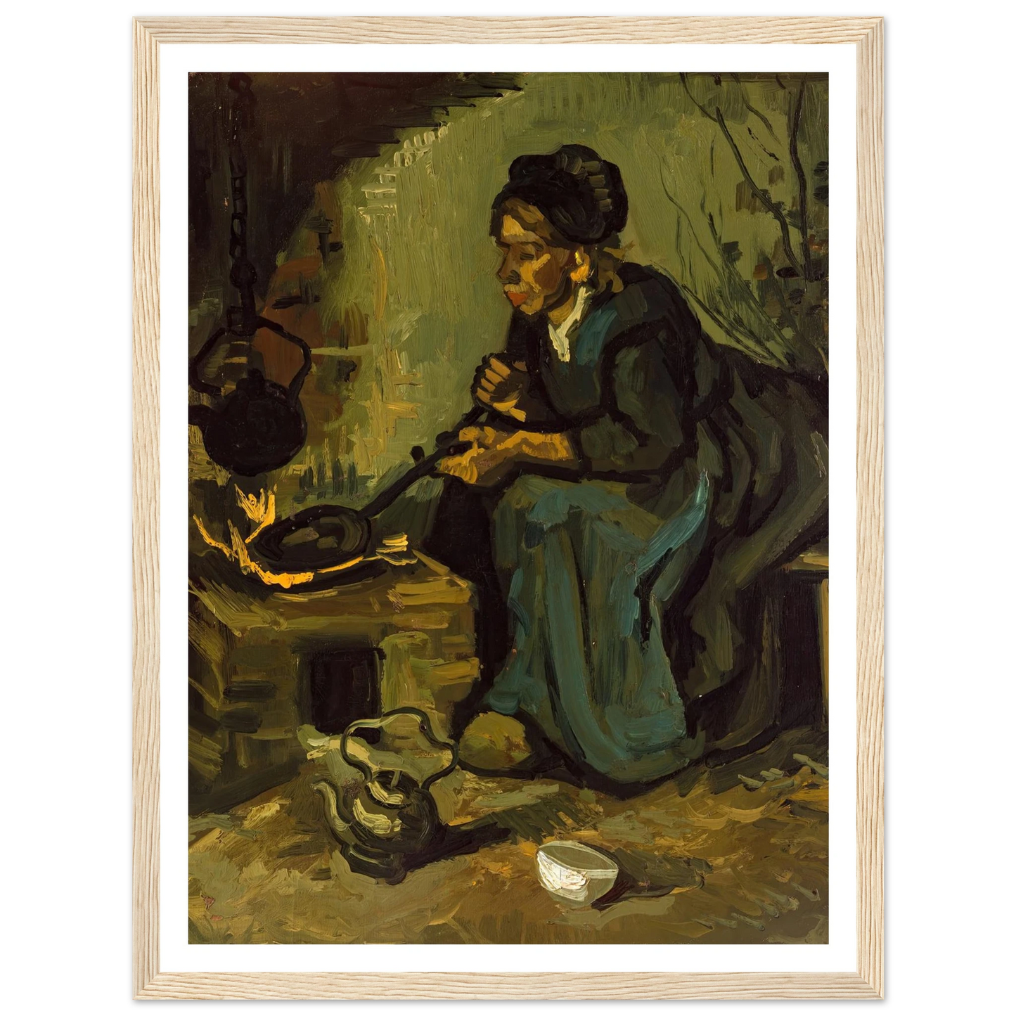 Peasant Woman Cooking by a Fireplace (1885) Art Print | Vincent van Gogh - Framed Poster - 30x40 cm / 12x16″ - Black frame