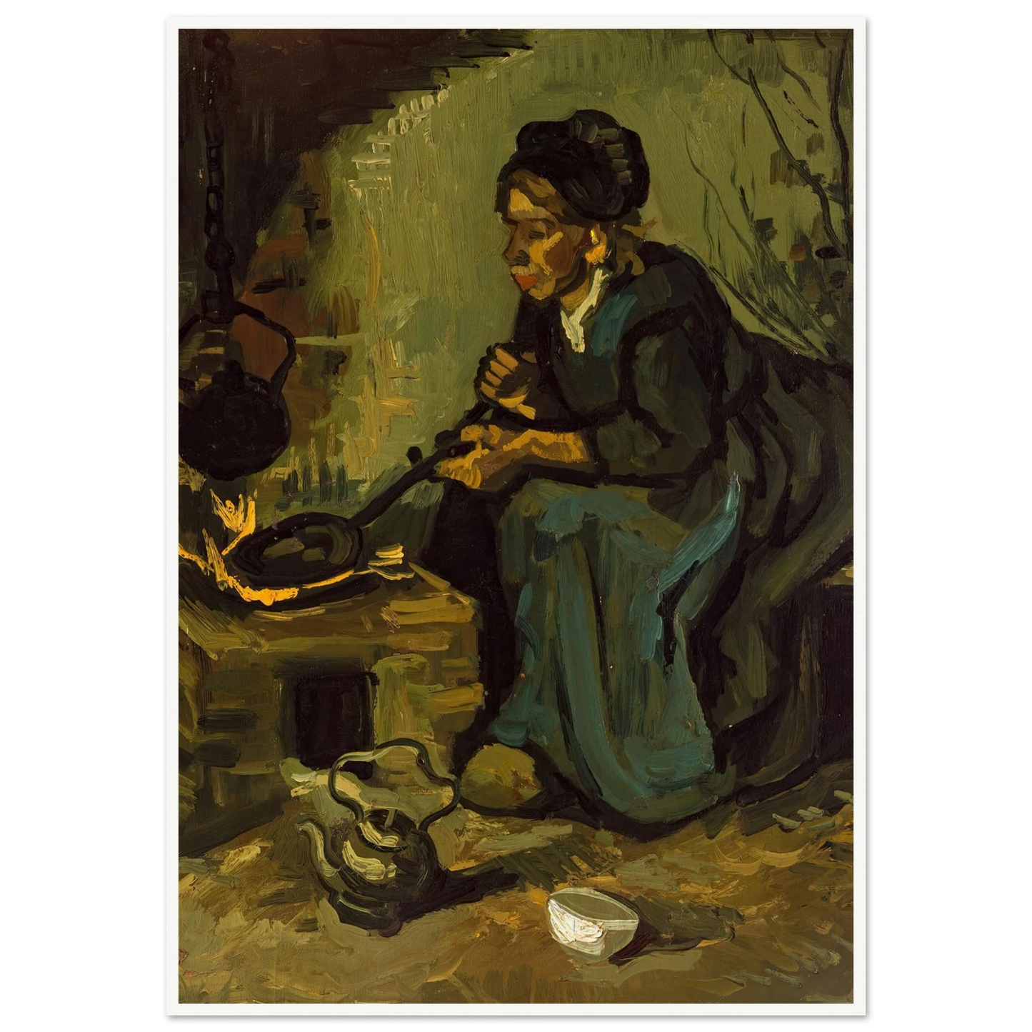 Peasant Woman Cooking by a Fireplace (1885) Art Print | Vincent van Gogh - Framed Poster - 30x40 cm / 12x16″ - Black frame