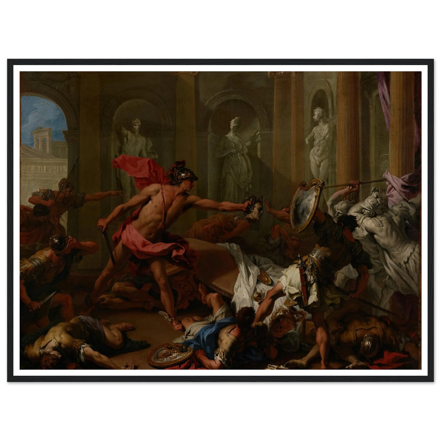 Perseus Confronting Phineus With The Head of Medusa (1705–1710) Art Print | Sebastiano Ricci - Framed Poster - 30x40 cm / 12x16″ - Black frame