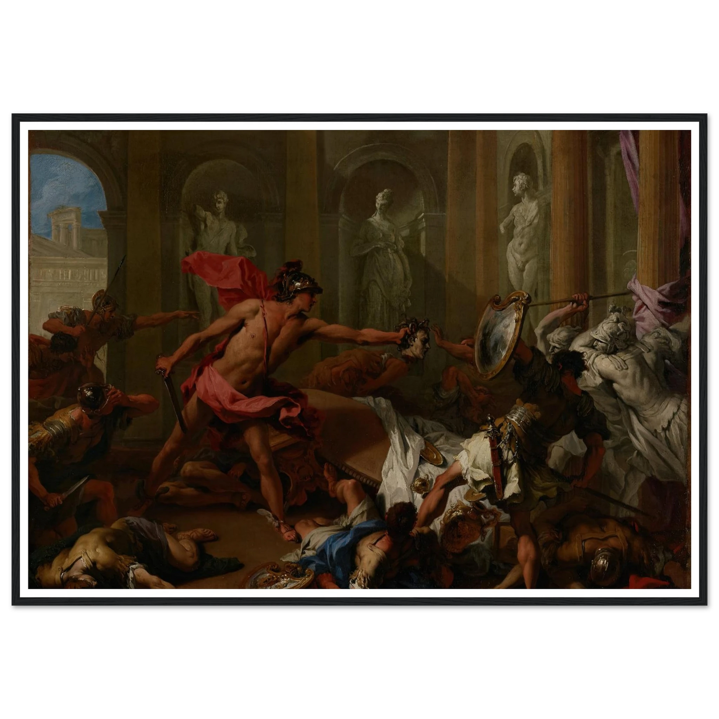 Perseus Confronting Phineus With The Head of Medusa (1705–1710) Art Print | Sebastiano Ricci - Framed Poster - 30x40 cm / 12x16″ - Black frame