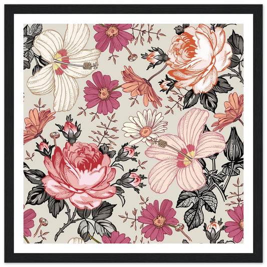 Pink Hibiscus Revival Art Print | William Morris Inspired - Framed Poster - 30x30 cm / 12x12″ - Black frame