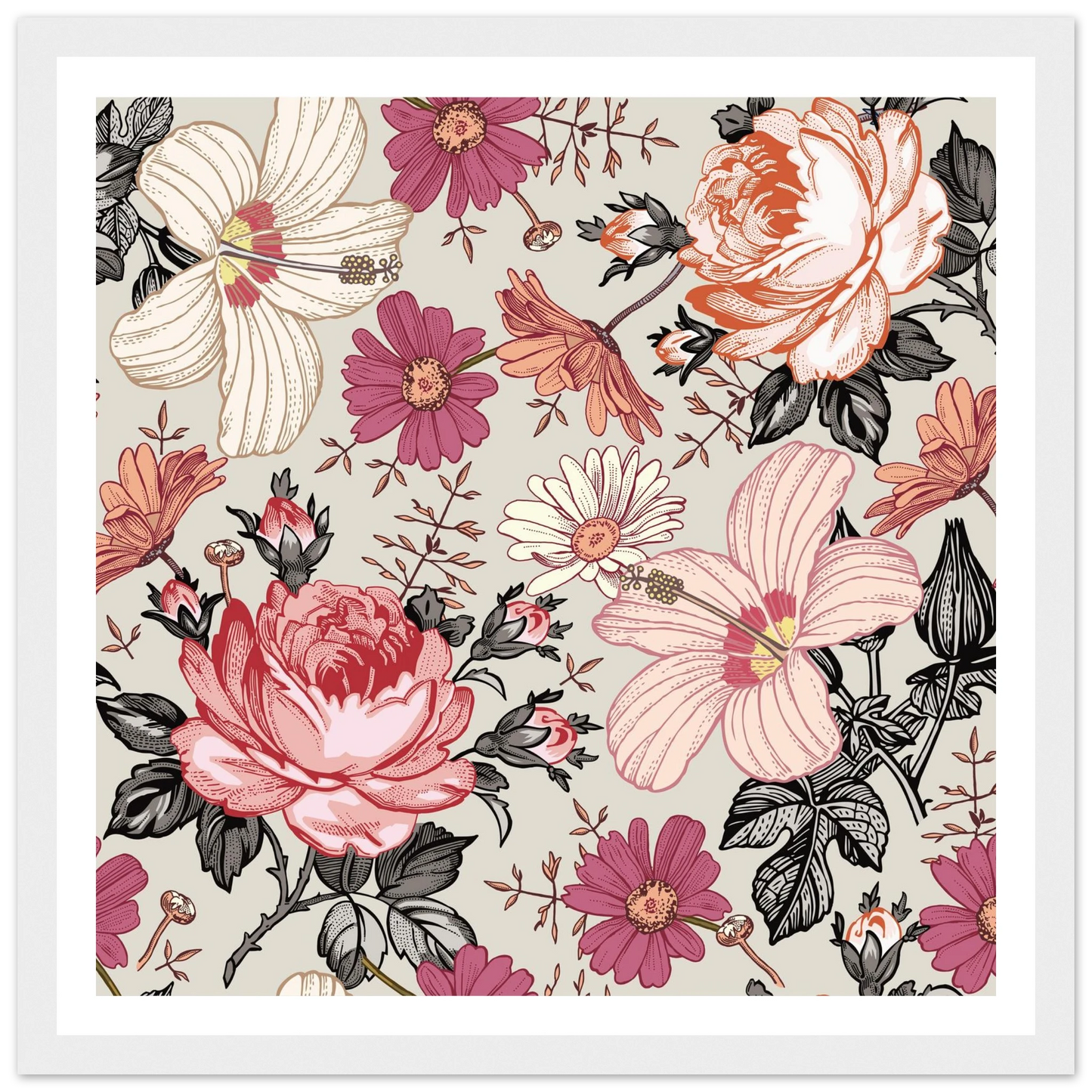 Pink Hibiscus Revival Art Print | William Morris Inspired - Framed Poster - 30x30 cm / 12x12″ - Black frame