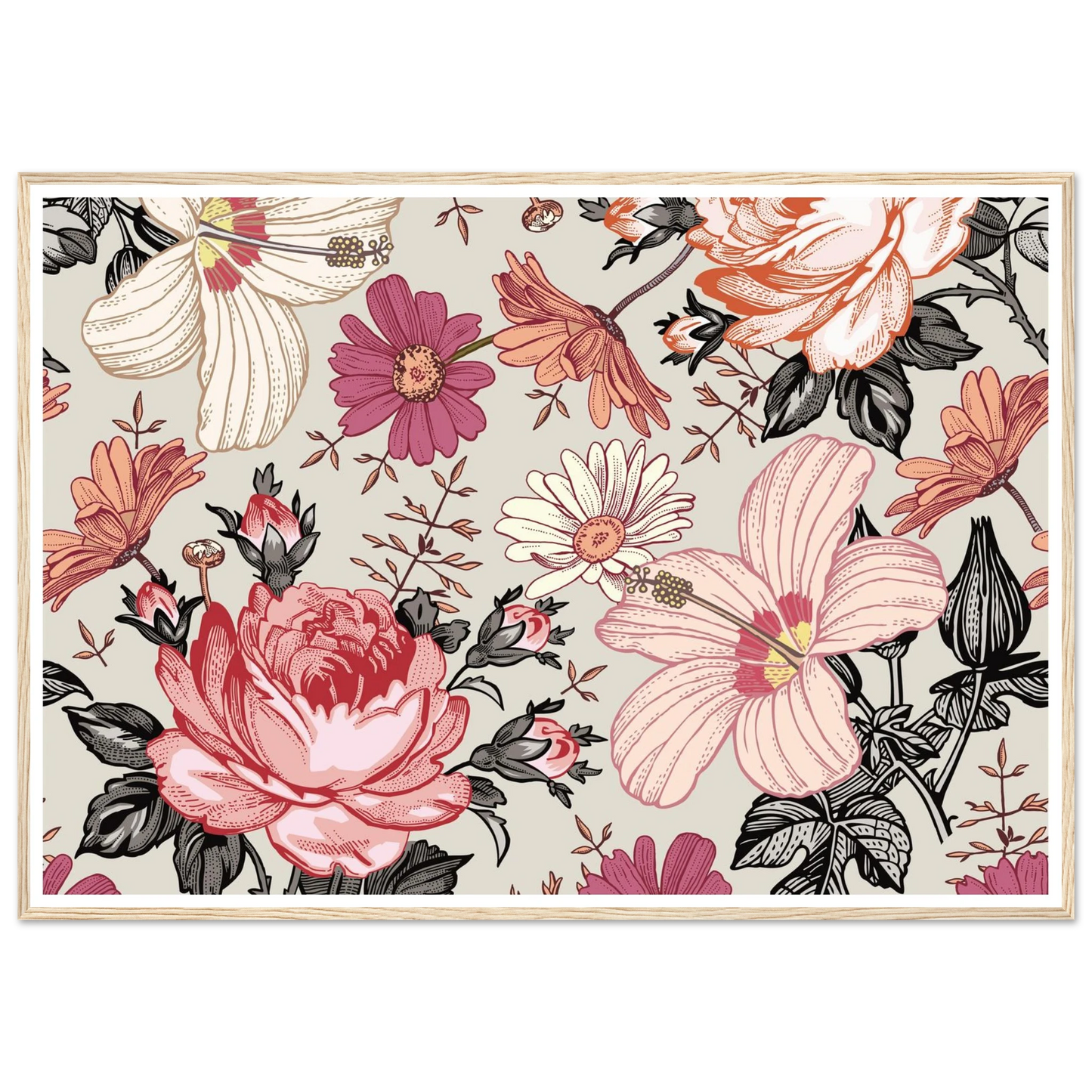 Pink Hibiscus Revival Art Print | William Morris Inspired - Framed Poster - 30x30 cm / 12x12″ - Black frame