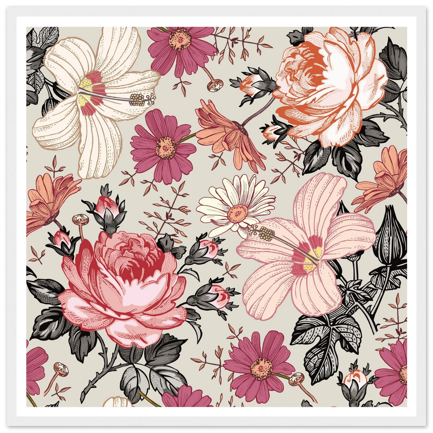 Pink Hibiscus Revival Art Print | William Morris Inspired - Framed Poster - 30x30 cm / 12x12″ - Black frame