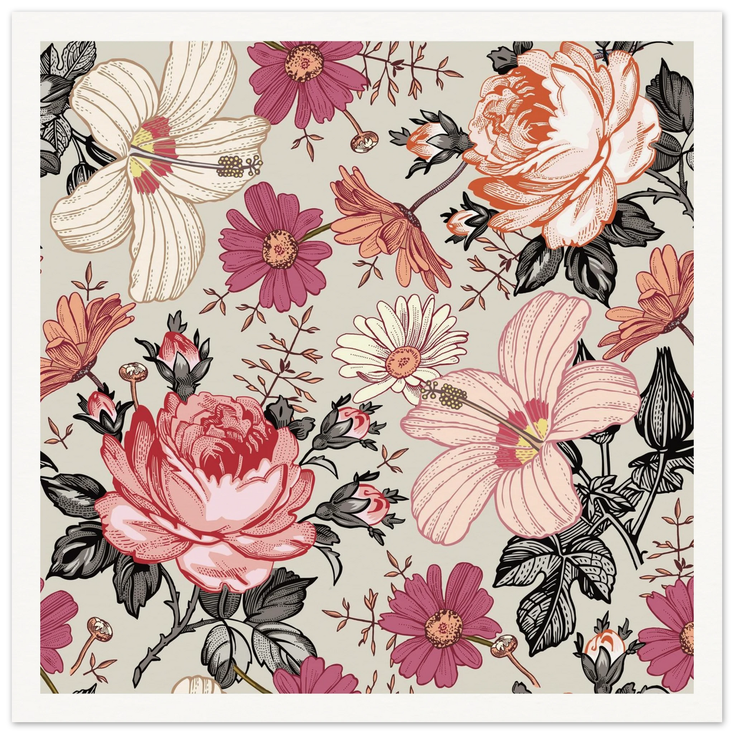 Pink Hibiscus Revival Art Print | William Morris Inspired - Framed Poster - 30x30 cm / 12x12″ - Black frame