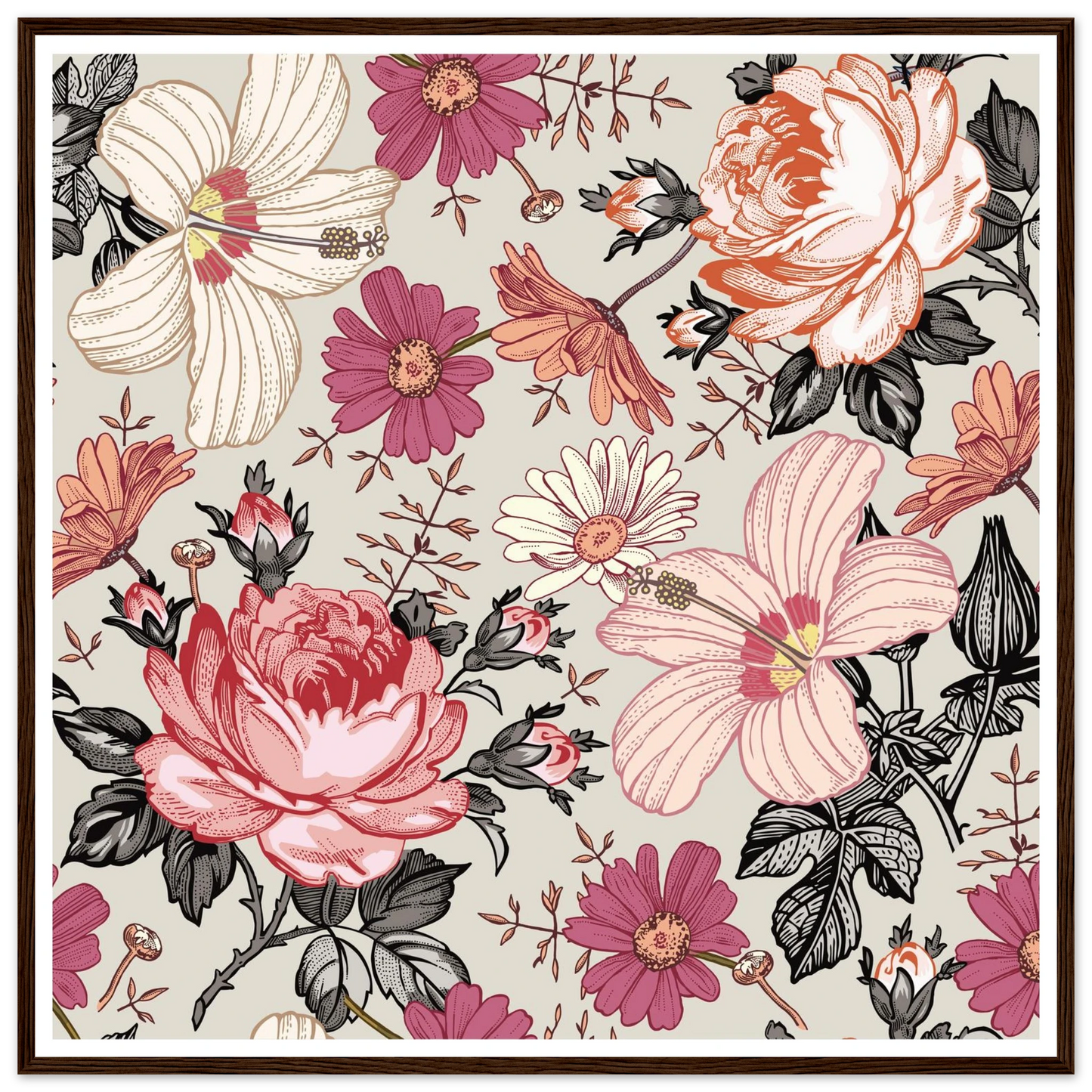 Pink Hibiscus Revival Art Print | William Morris Inspired - Framed Poster - 30x30 cm / 12x12″ - Black frame