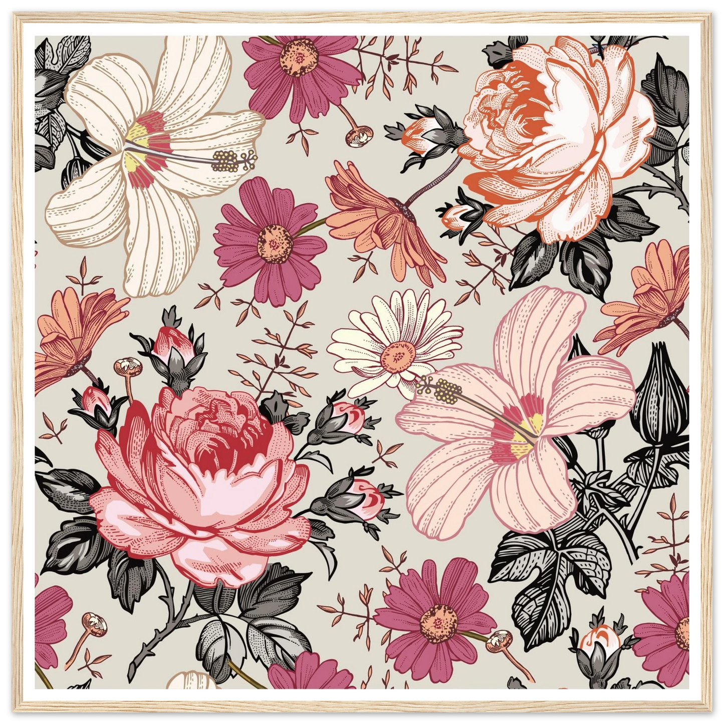 Pink Hibiscus Revival Art Print | William Morris Inspired - Framed Poster - 30x30 cm / 12x12″ - Black frame