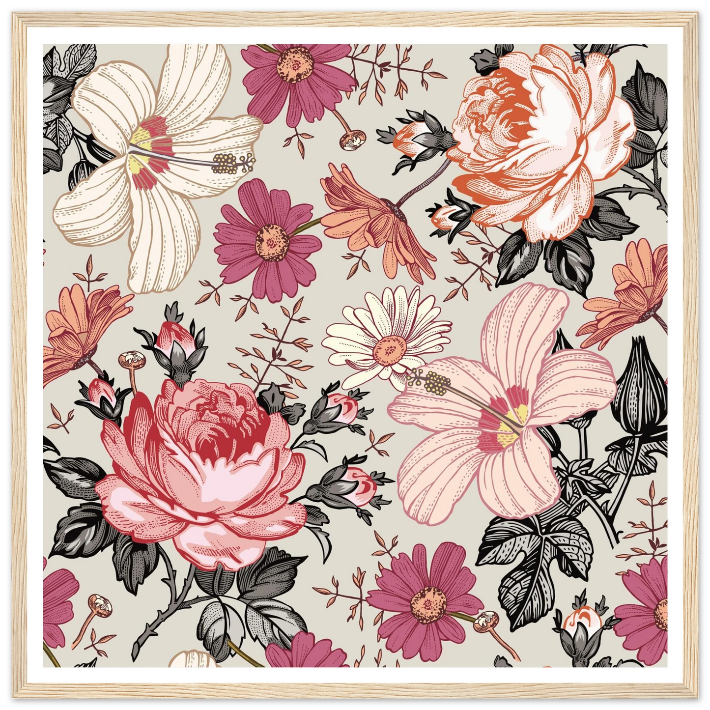 Pink Hibiscus Revival Art Print | William Morris Inspired - Framed Poster - 30x30 cm / 12x12″ - Black frame