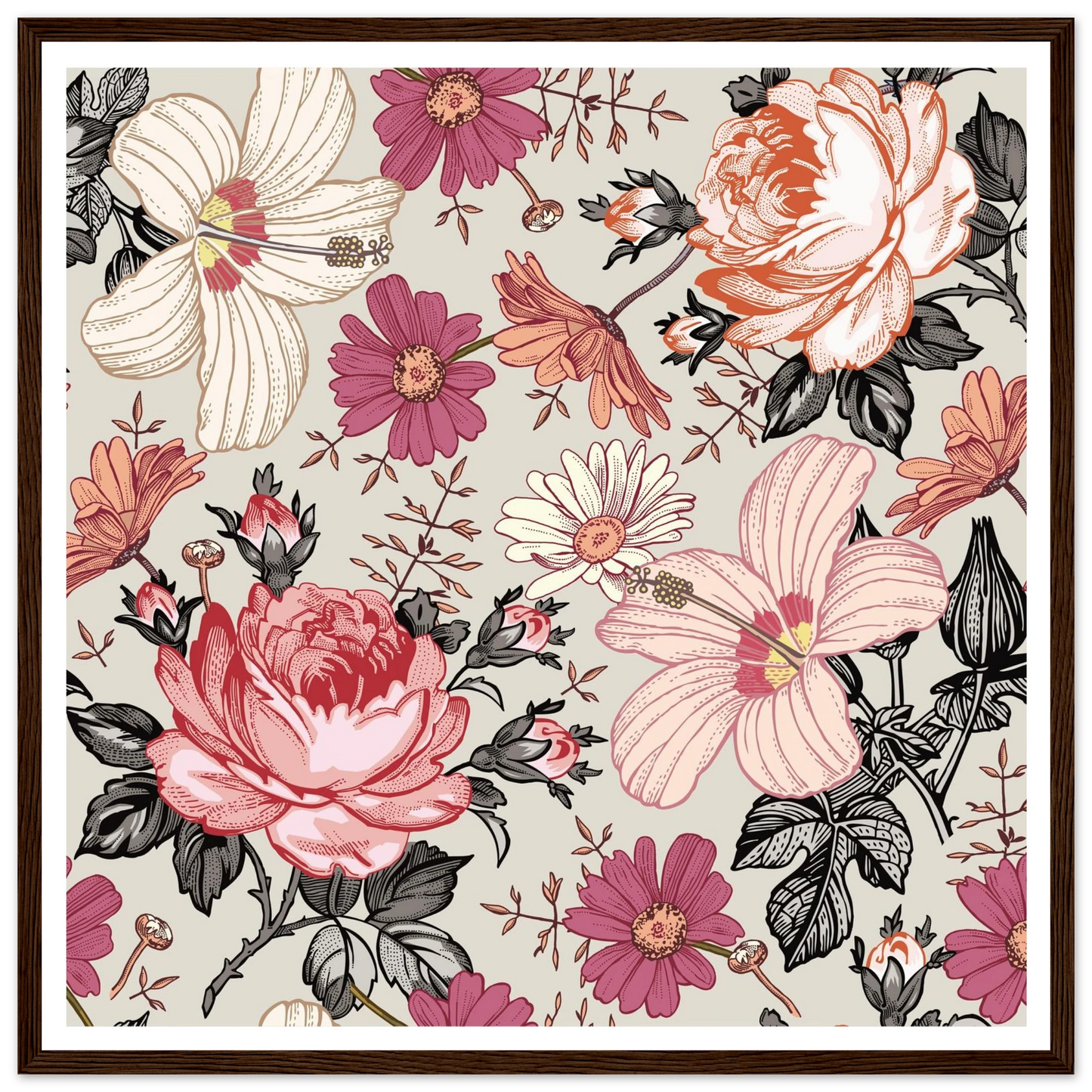 Pink Hibiscus Revival Art Print | William Morris Inspired - Framed Poster - 30x30 cm / 12x12″ - Black frame