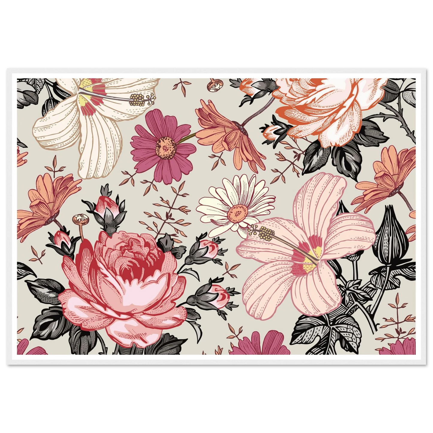 Pink Hibiscus Revival Art Print | William Morris Inspired - Framed Poster - 30x30 cm / 12x12″ - Black frame