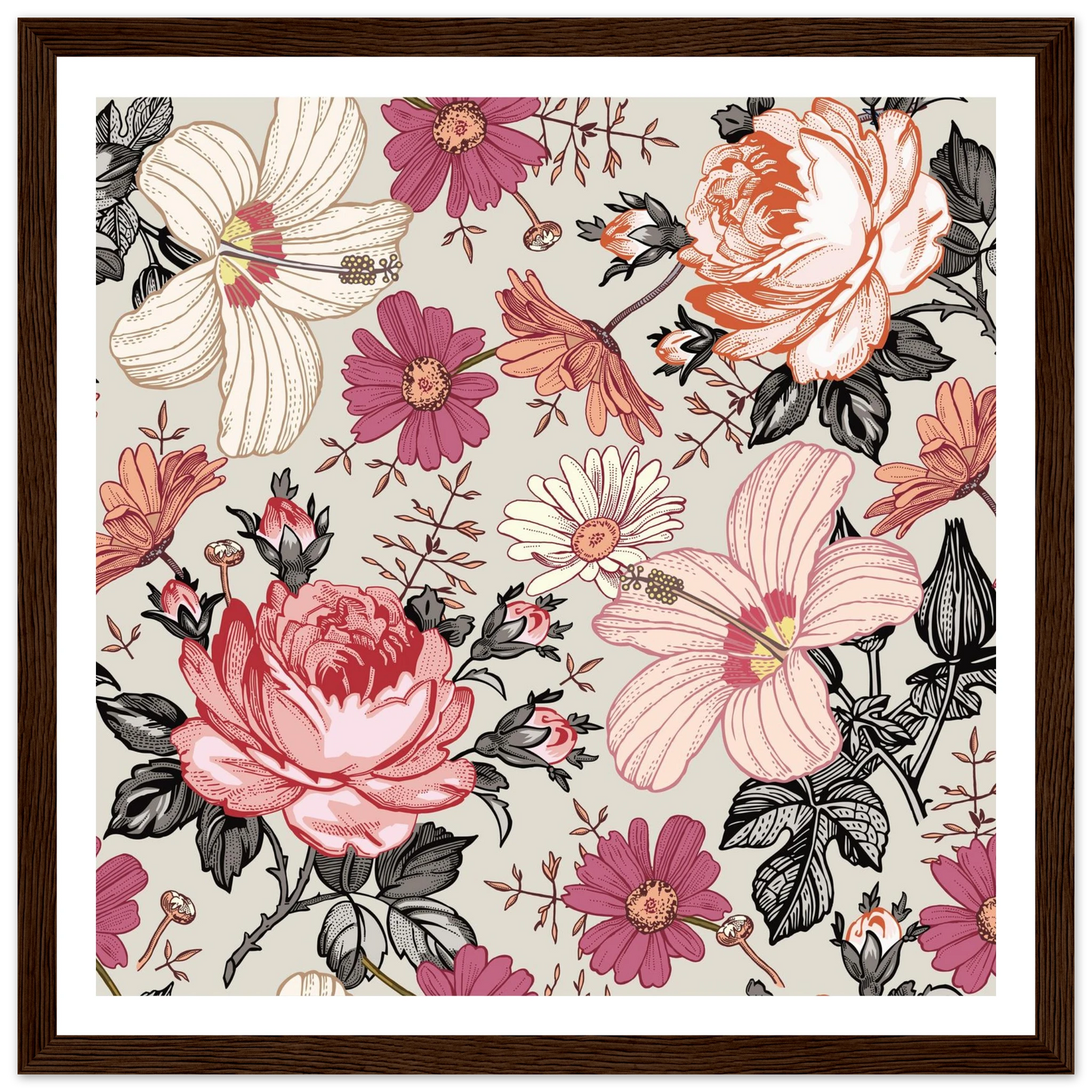 Pink Hibiscus Revival Art Print | William Morris Inspired - Framed Poster - 30x30 cm / 12x12″ - Black frame