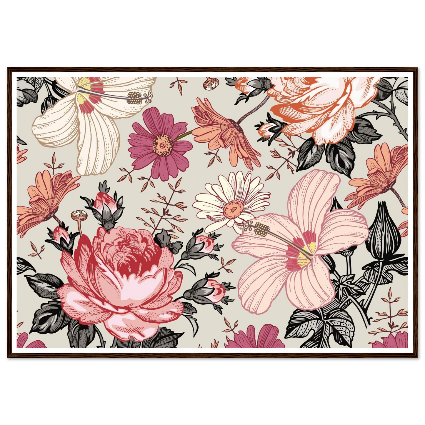 Pink Hibiscus Revival Art Print | William Morris Inspired - Framed Poster - 30x30 cm / 12x12″ - Black frame