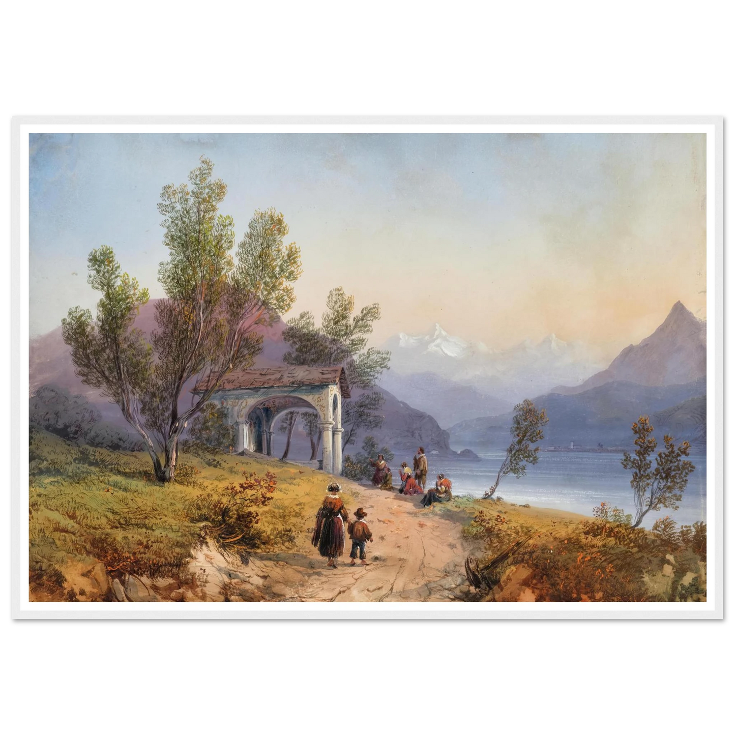 Prayer on the Shore of Lake Maggiore (1849) Art Print | Carlo Bossoli - Framed Poster - 30x40 cm / 12x16″ - Black frame