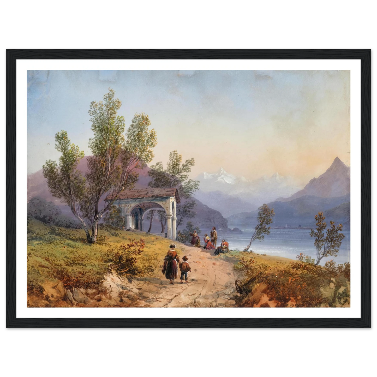 Prayer on the Shore of Lake Maggiore (1849) Art Print | Carlo Bossoli - Framed Poster - 30x40 cm / 12x16″ - Black frame
