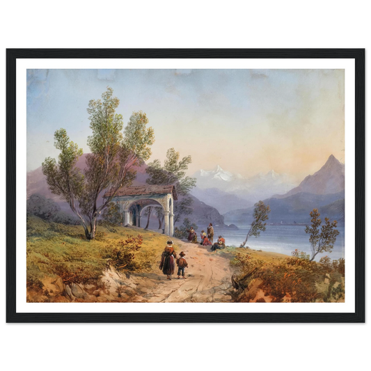 Prayer on the Shore of Lake Maggiore (1849) Art Print | Carlo Bossoli - Framed Poster - 30x40 cm / 12x16″ - Black frame