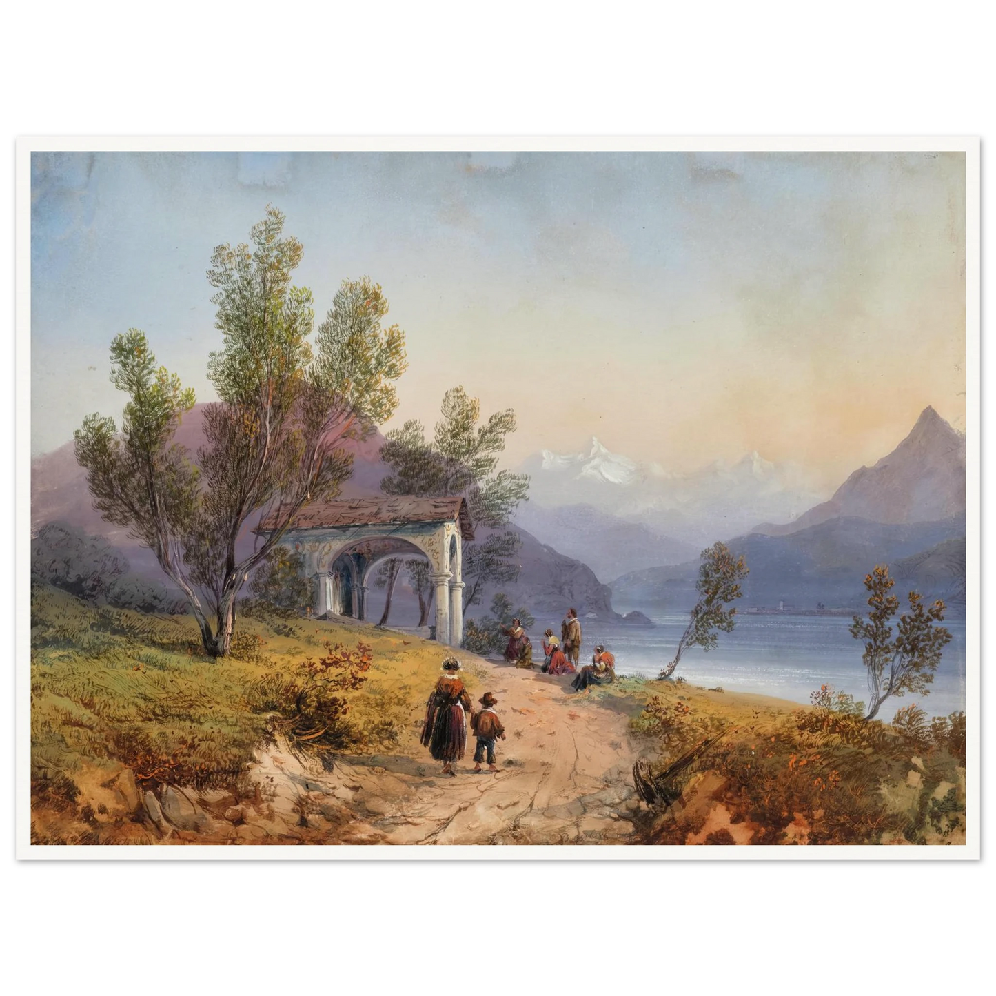 Prayer on the Shore of Lake Maggiore (1849) Art Print | Carlo Bossoli - Framed Poster - 30x40 cm / 12x16″ - Black frame