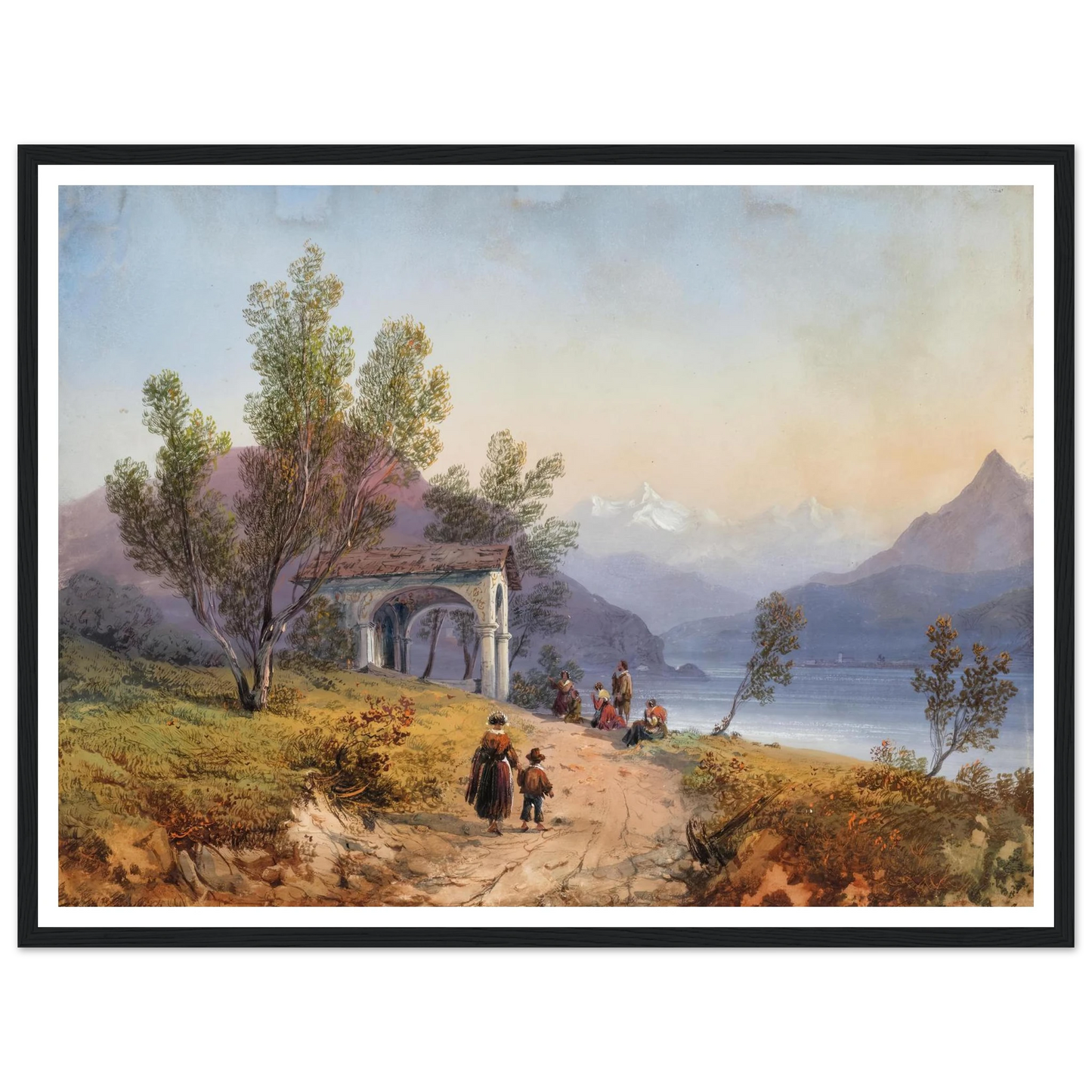 Prayer on the Shore of Lake Maggiore (1849) Art Print | Carlo Bossoli - Framed Poster - 30x40 cm / 12x16″ - Black frame