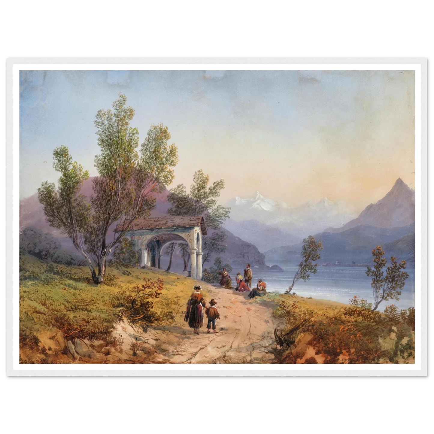 Prayer on the Shore of Lake Maggiore (1849) Art Print | Carlo Bossoli - Framed Poster - 30x40 cm / 12x16″ - Black frame