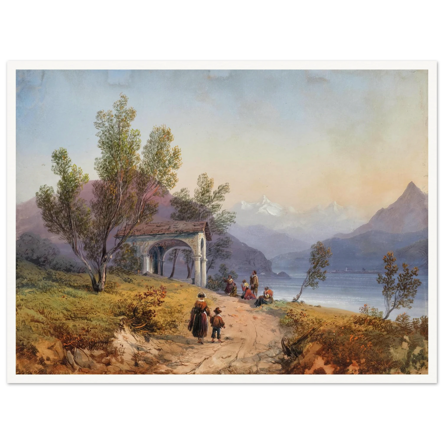 Prayer on the Shore of Lake Maggiore (1849) Art Print | Carlo Bossoli - Framed Poster - 30x40 cm / 12x16″ - Black frame