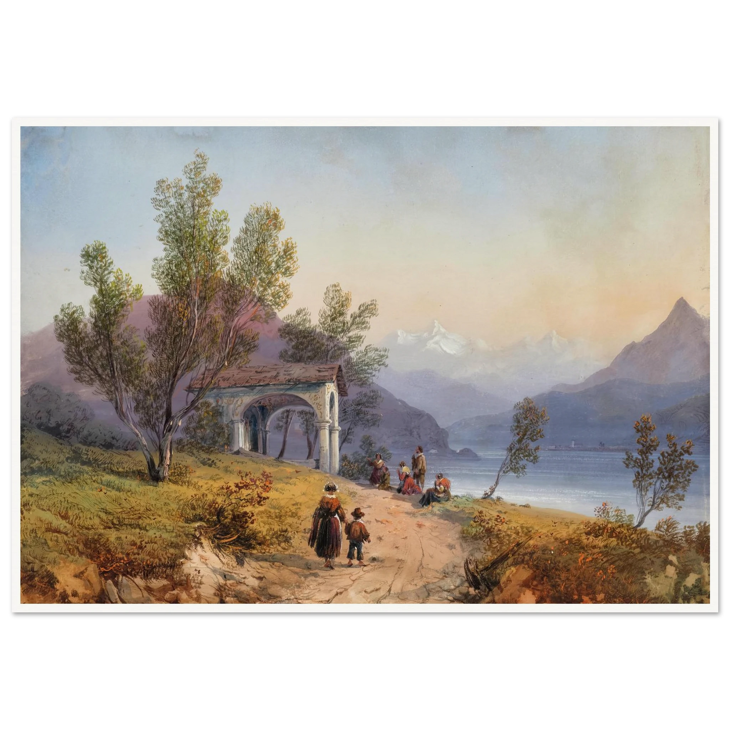 Prayer on the Shore of Lake Maggiore (1849) Art Print | Carlo Bossoli - Framed Poster - 30x40 cm / 12x16″ - Black frame