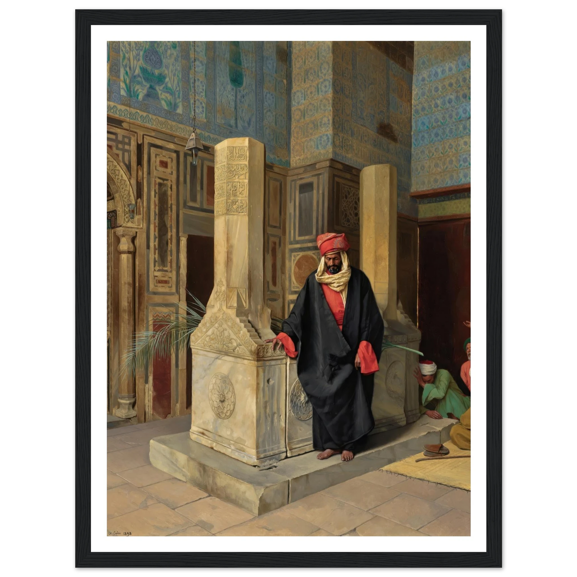 Praying In The Blue Mosque, Cairo (1898) Art Print | Ludwig Deutsch - Framed Poster - 30x40 cm / 12x16″ - Black frame