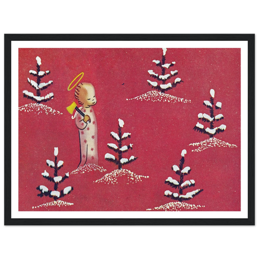 Red Winter Cherub Art - Framed Poster - 30x40 cm / 12x16″ - Black frame