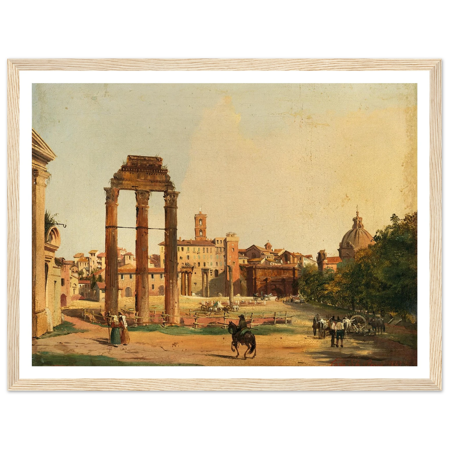 Rome, a View of the Roman Forum with the Temple of Castor and Pollux (1843) Art Print | Ippolito Caffi - Framed Poster - 30x40 cm / 12x16″ - Black frame