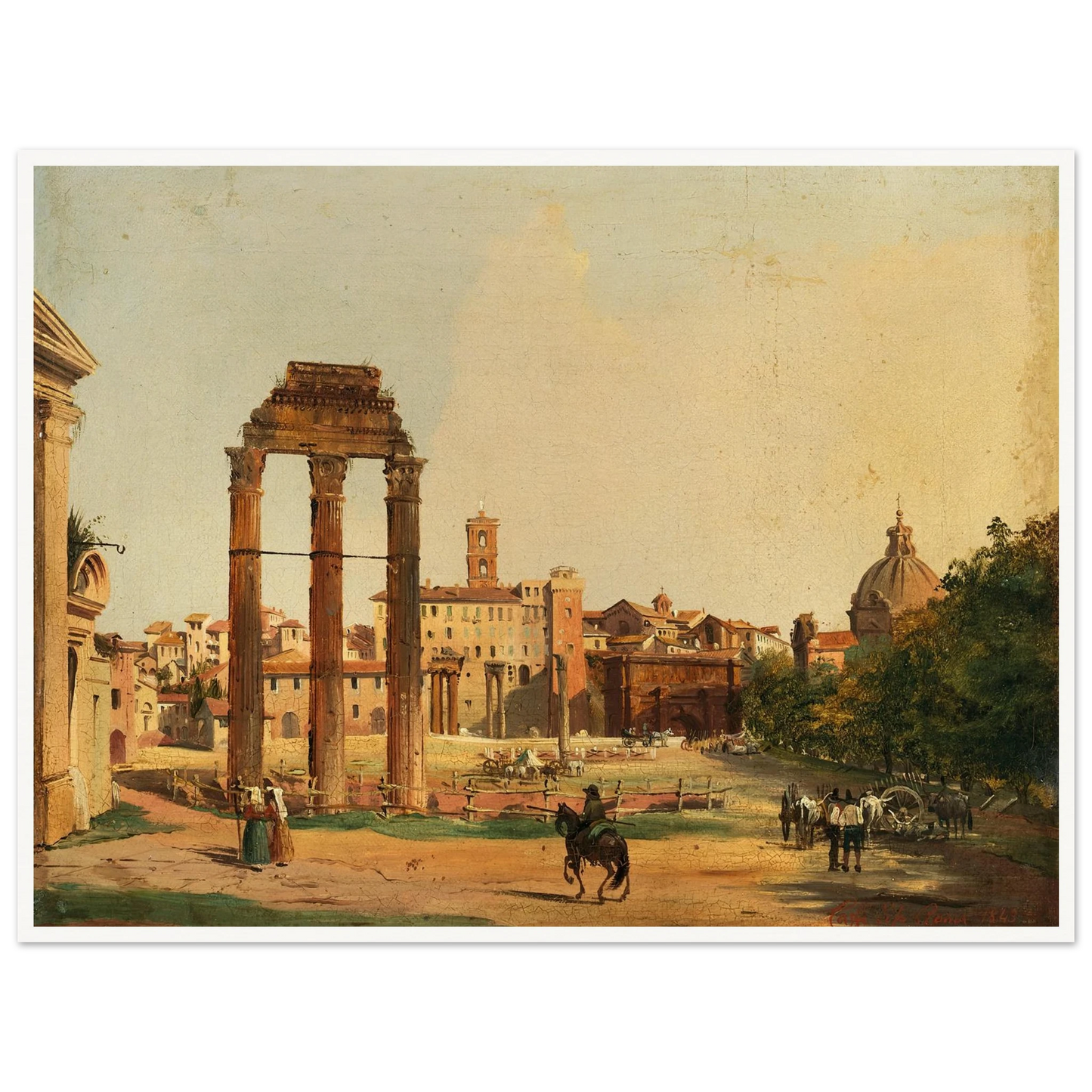 Rome, a View of the Roman Forum with the Temple of Castor and Pollux (1843) Art Print | Ippolito Caffi - Framed Poster - 30x40 cm / 12x16″ - Black frame