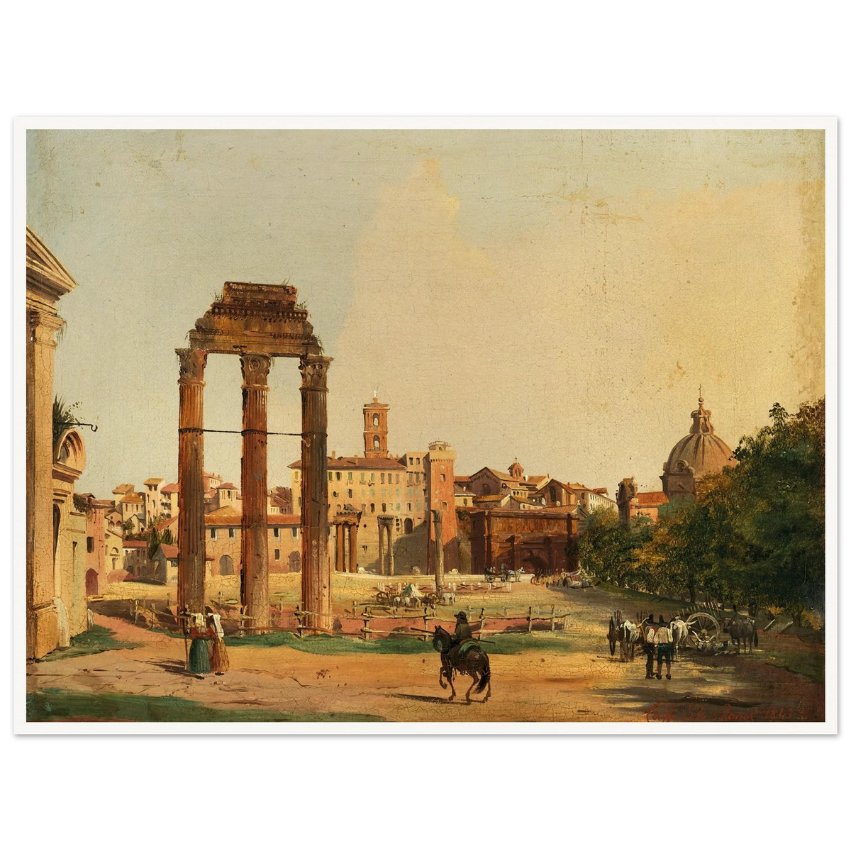 Rome, a View of the Roman Forum with the Temple of Castor and Pollux (1843) Art Print | Ippolito Caffi - Framed Poster - 30x40 cm / 12x16″ - Black frame