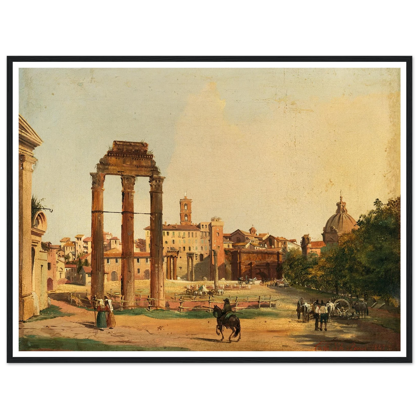 Rome, a View of the Roman Forum with the Temple of Castor and Pollux (1843) Art Print | Ippolito Caffi - Framed Poster - 30x40 cm / 12x16″ - Black frame
