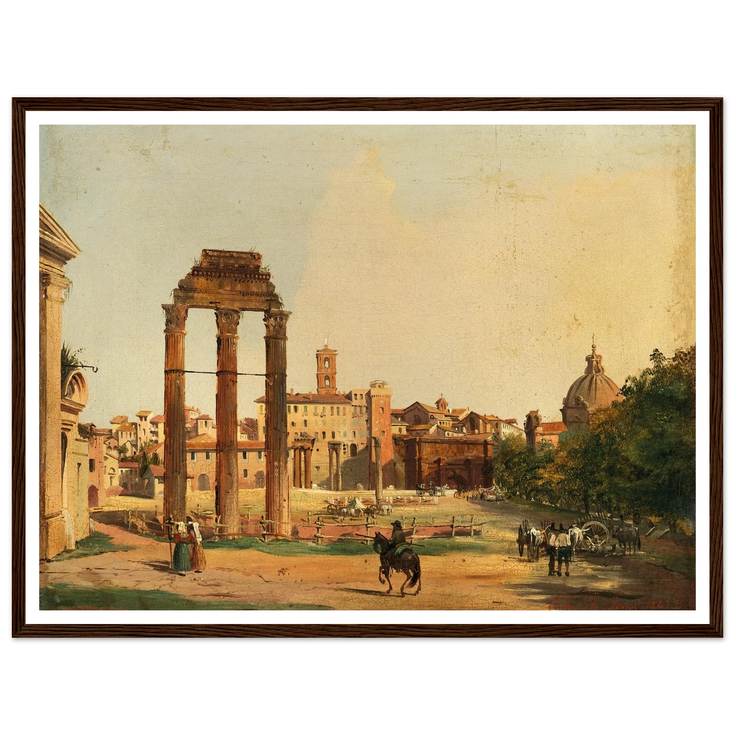 Rome, a View of the Roman Forum with the Temple of Castor and Pollux (1843) Art Print | Ippolito Caffi - Framed Poster - 30x40 cm / 12x16″ - Black frame