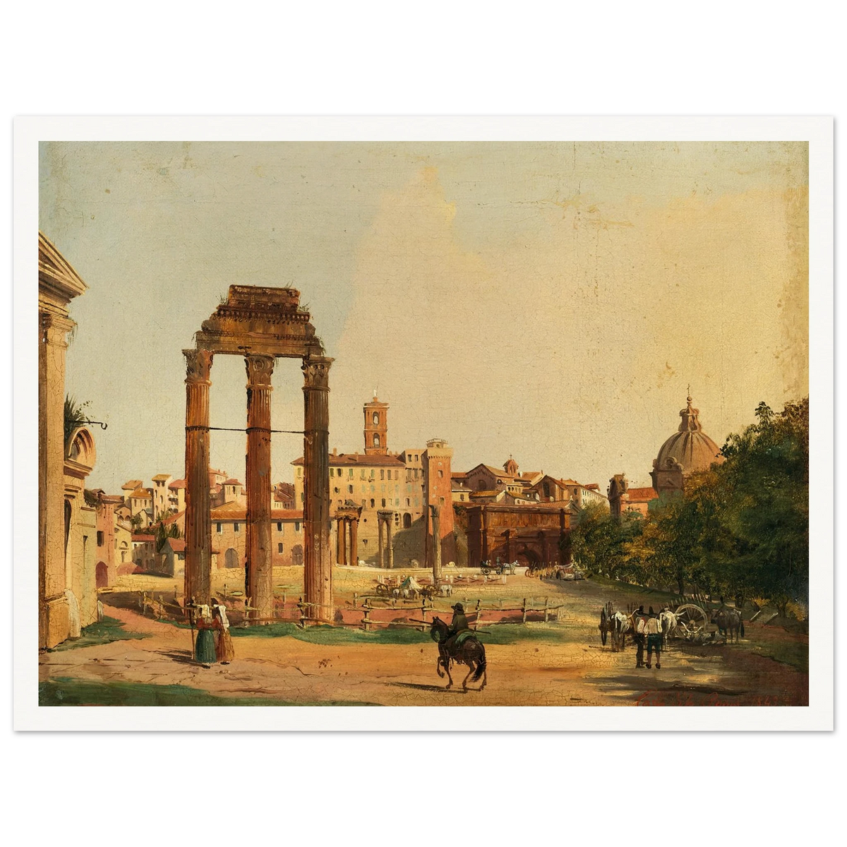 Rome, a View of the Roman Forum with the Temple of Castor and Pollux (1843) Art Print | Ippolito Caffi - Framed Poster - 30x40 cm / 12x16″ - Black frame