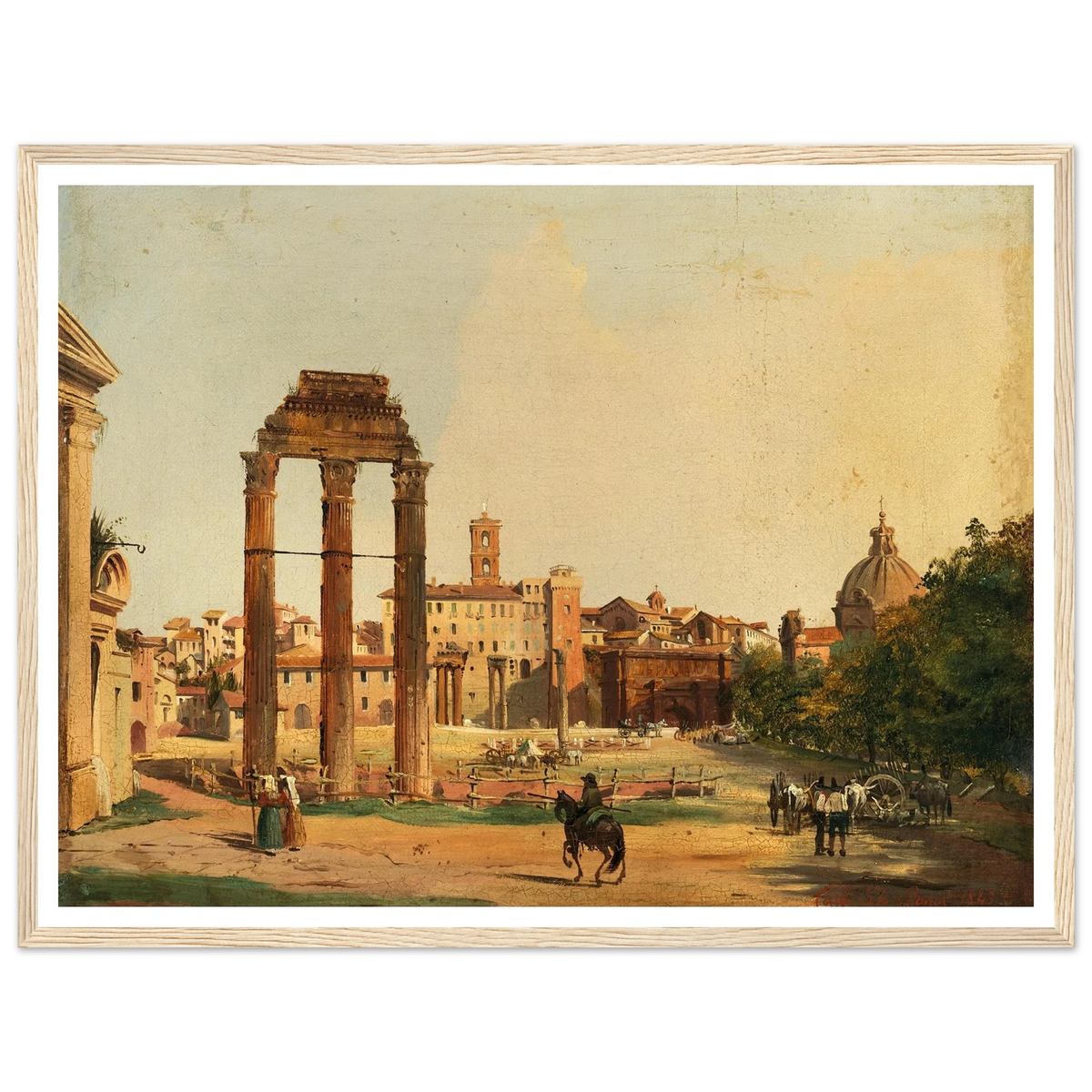 Rome, a View of the Roman Forum with the Temple of Castor and Pollux (1843) Art Print | Ippolito Caffi - Framed Poster - 30x40 cm / 12x16″ - Black frame