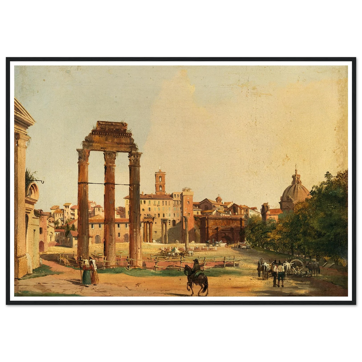 Rome, a View of the Roman Forum with the Temple of Castor and Pollux (1843) Art Print | Ippolito Caffi - Framed Poster - 30x40 cm / 12x16″ - Black frame