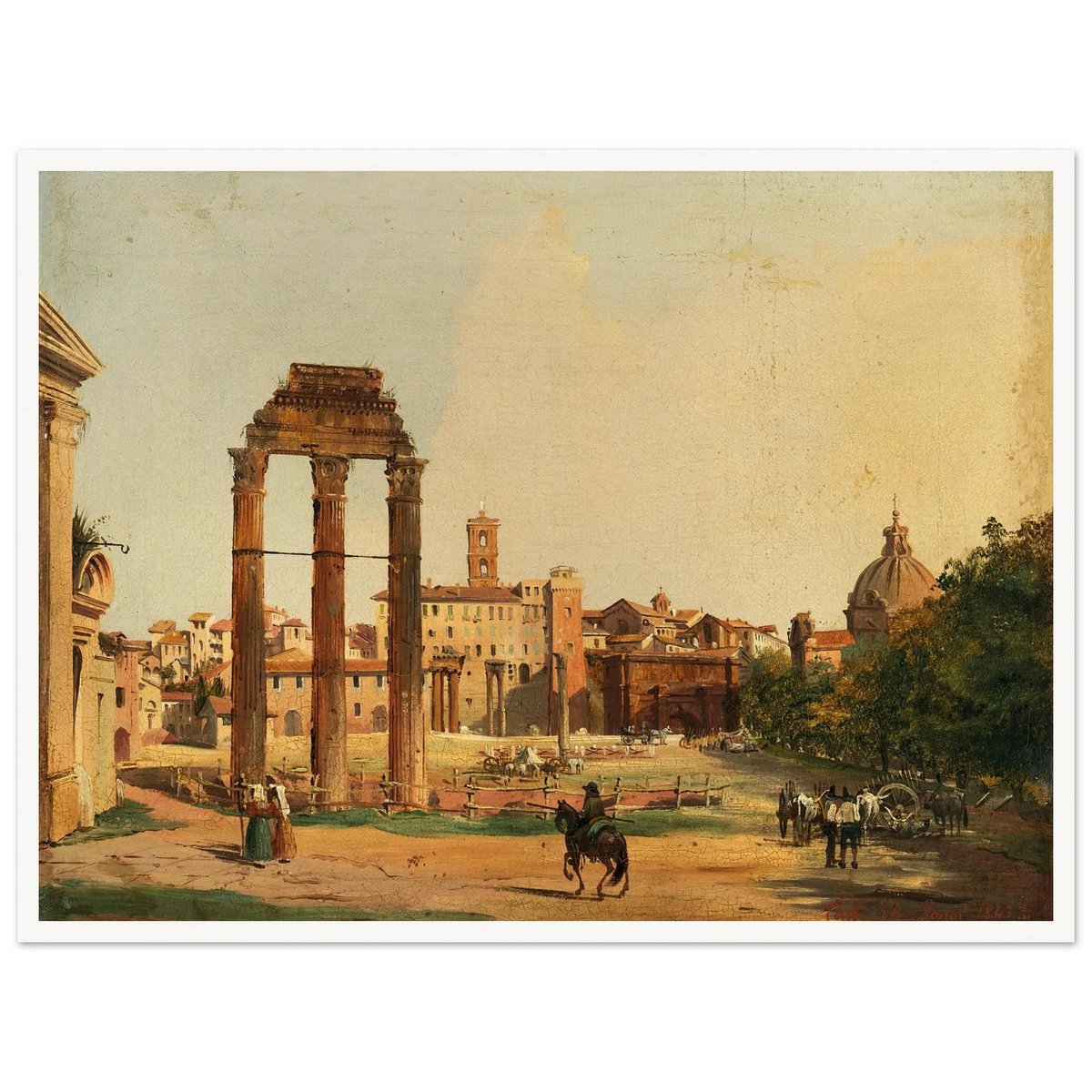 Rome, a View of the Roman Forum with the Temple of Castor and Pollux (1843) Art Print | Ippolito Caffi - Framed Poster - 30x40 cm / 12x16″ - Black frame