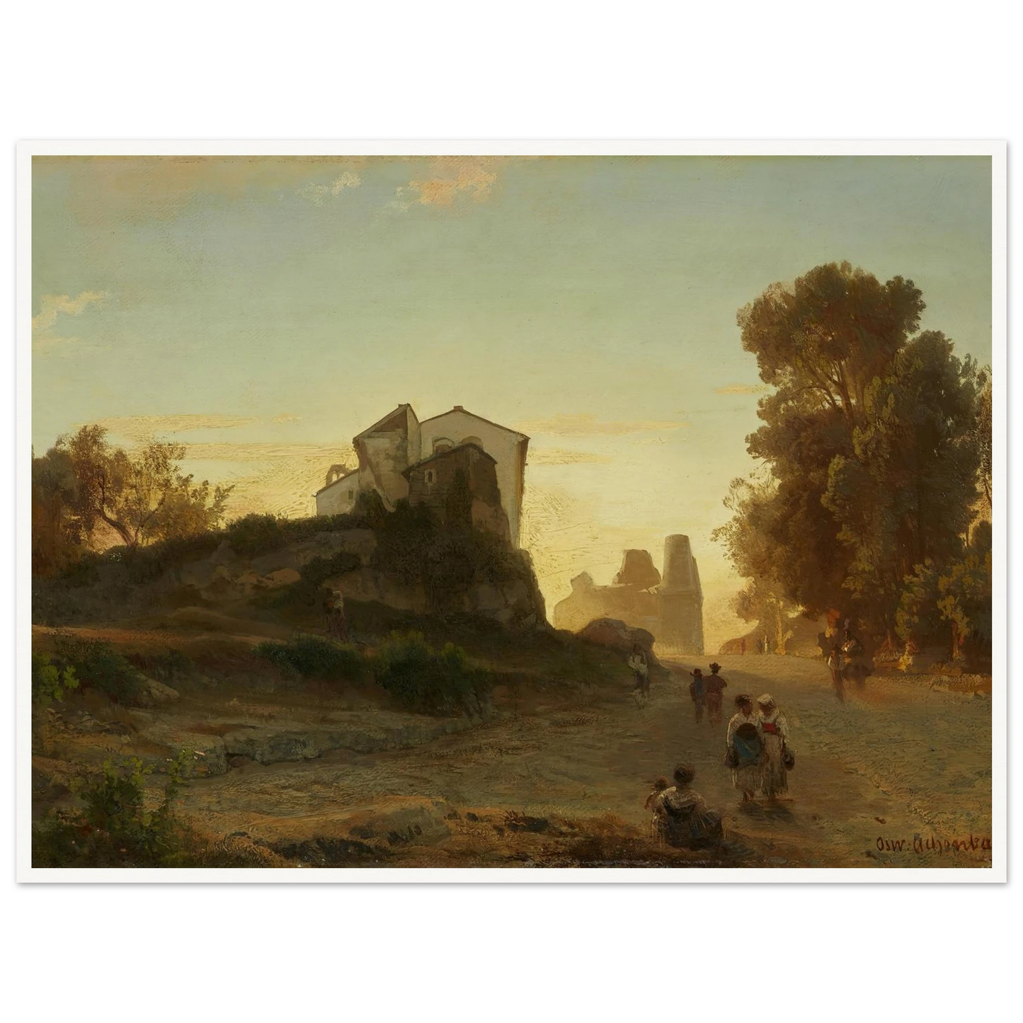 Römische Straße im Abendlicht Art Print | Oswald Achenbach - Framed Poster - 30x40 cm / 12x16″ - Black frame