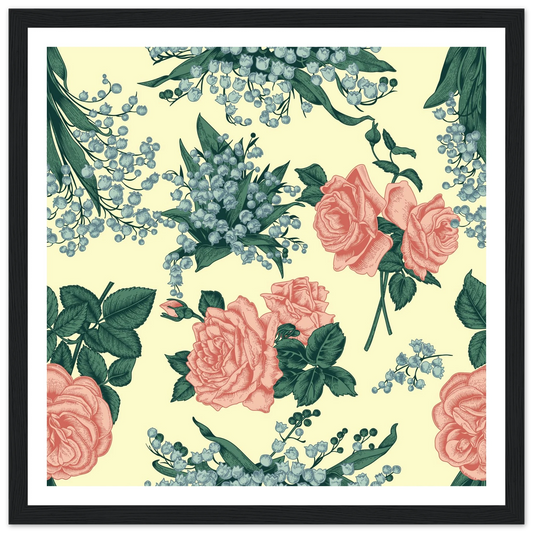 Rose & May Sprig Art Print | William Morris Inspired - Framed Poster - 30x30 cm / 12x12″ - Black frame