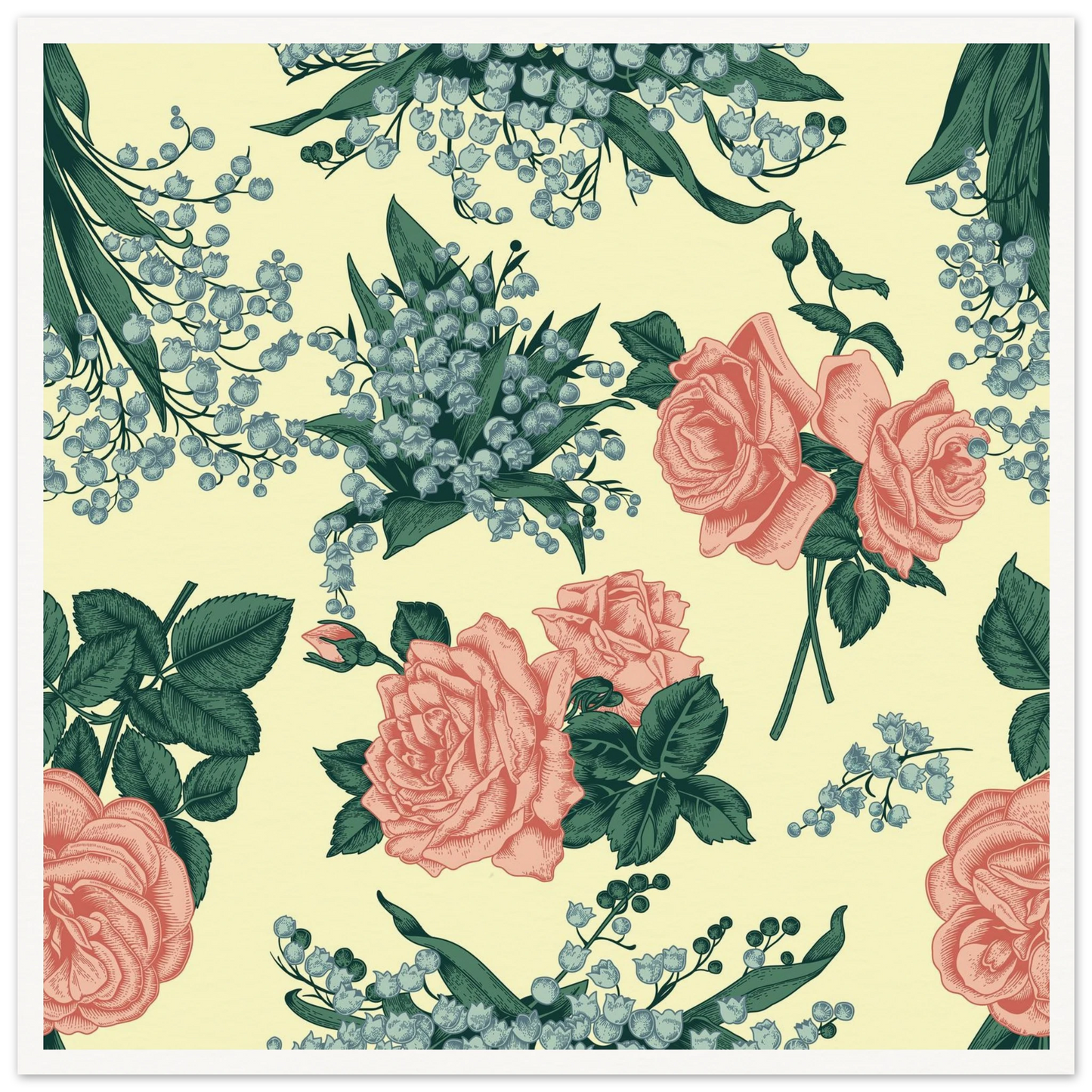 Rose & May Sprig Art Print | William Morris Inspired - Framed Poster - 30x30 cm / 12x12″ - Black frame