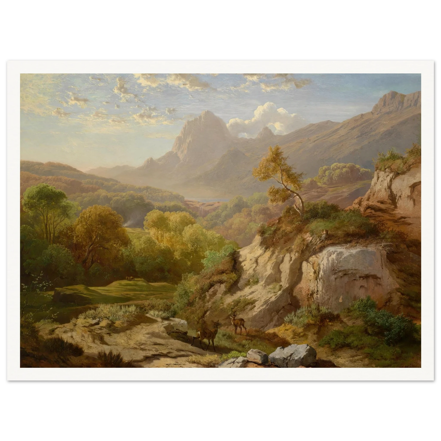 Rotwild in einer weiten Gebirgslandschaft Art Print | Albert Zimmermann - Framed Poster - 30x40 cm / 12x16″ - Black frame