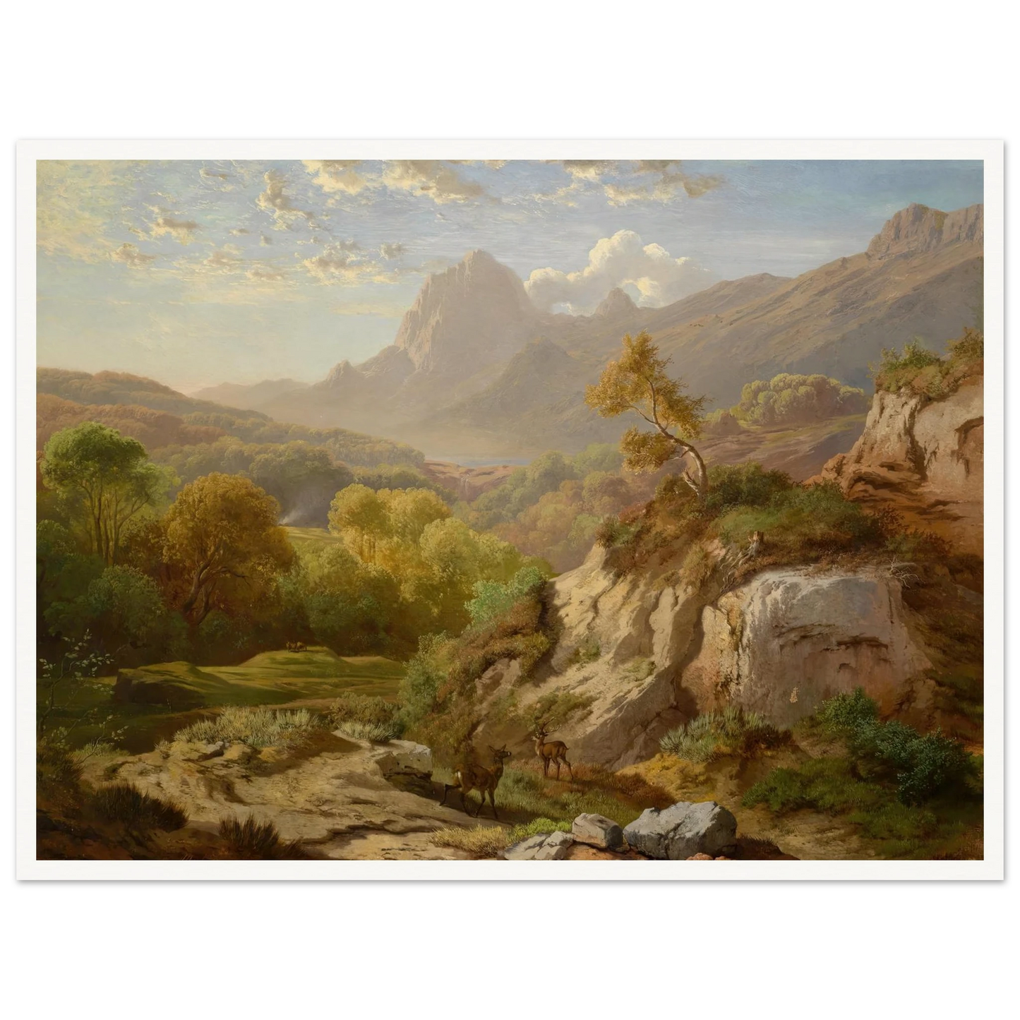 Rotwild in einer weiten Gebirgslandschaft Art Print | Albert Zimmermann - Framed Poster - 30x40 cm / 12x16″ - Black frame