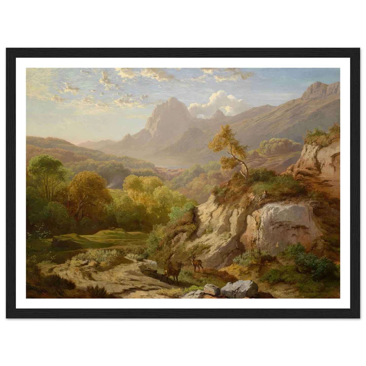 Rotwild in einer weiten Gebirgslandschaft Art Print | Albert Zimmermann - Framed Poster - 30x40 cm / 12x16″ - Black frame