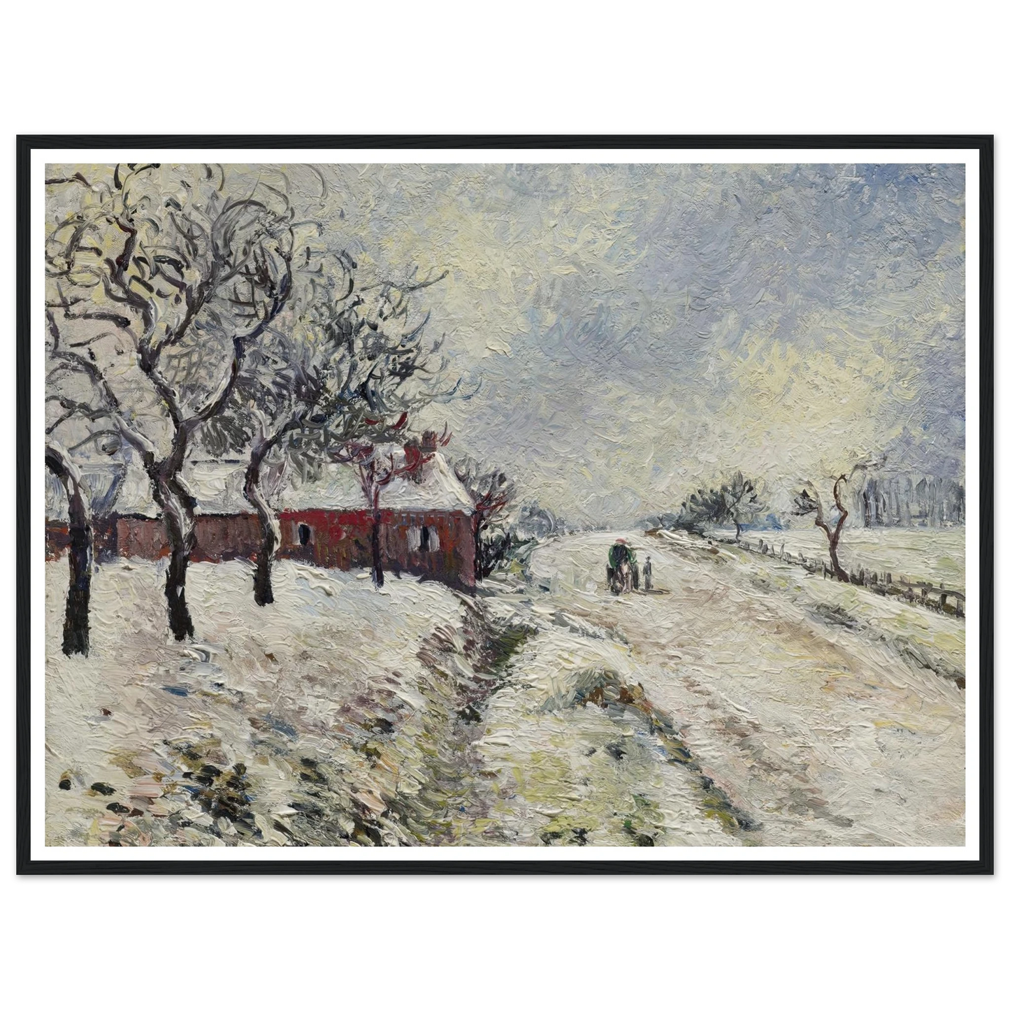 Route enneigée avec maison, environs d’Eragny (1885) Art Print | Camille Pissarro - Framed Poster - 30x40 cm / 12x16″ - Black frame