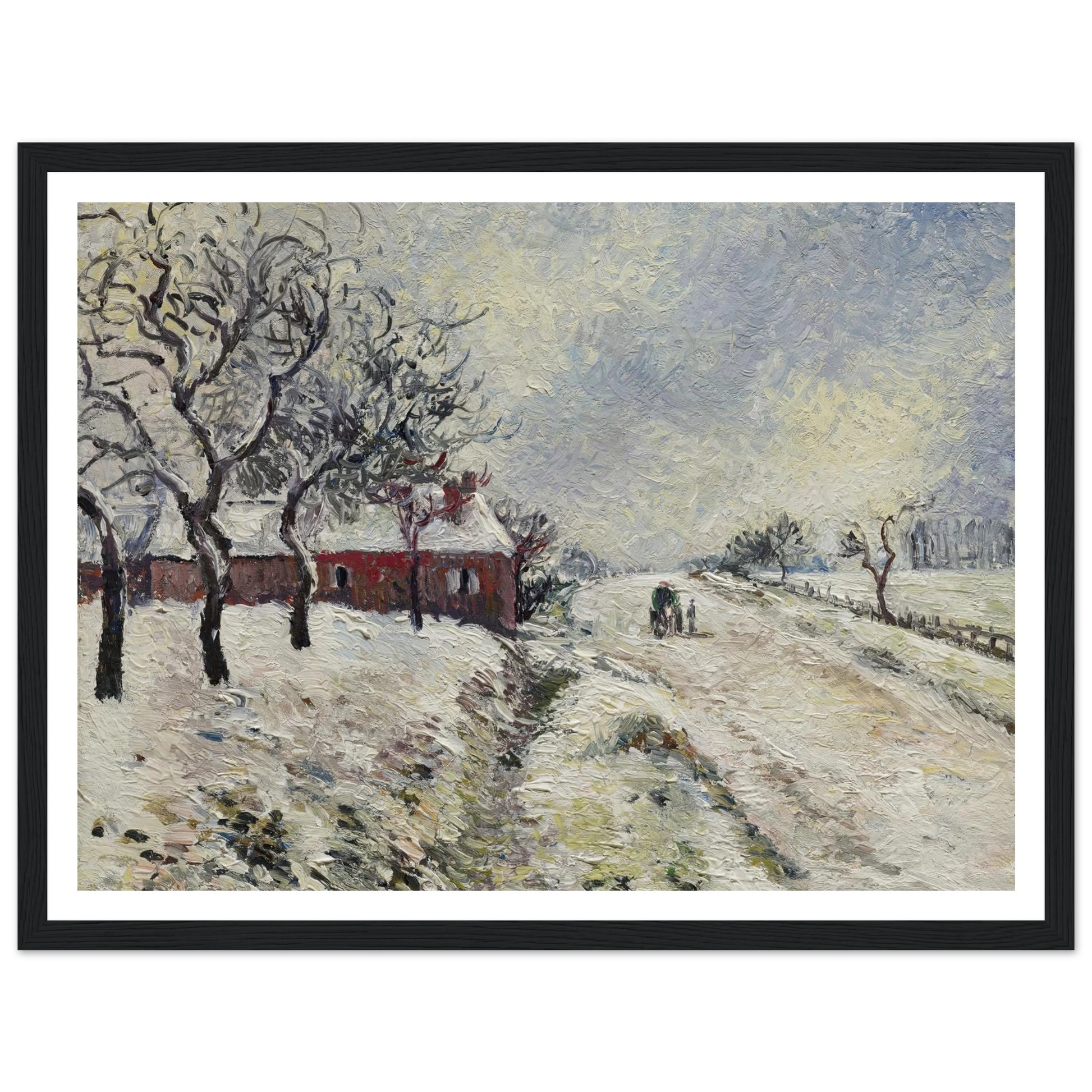 Route enneigée avec maison, environs d’Eragny (1885) Art Print | Camille Pissarro - Framed Poster - 30x40 cm / 12x16″ - Black frame